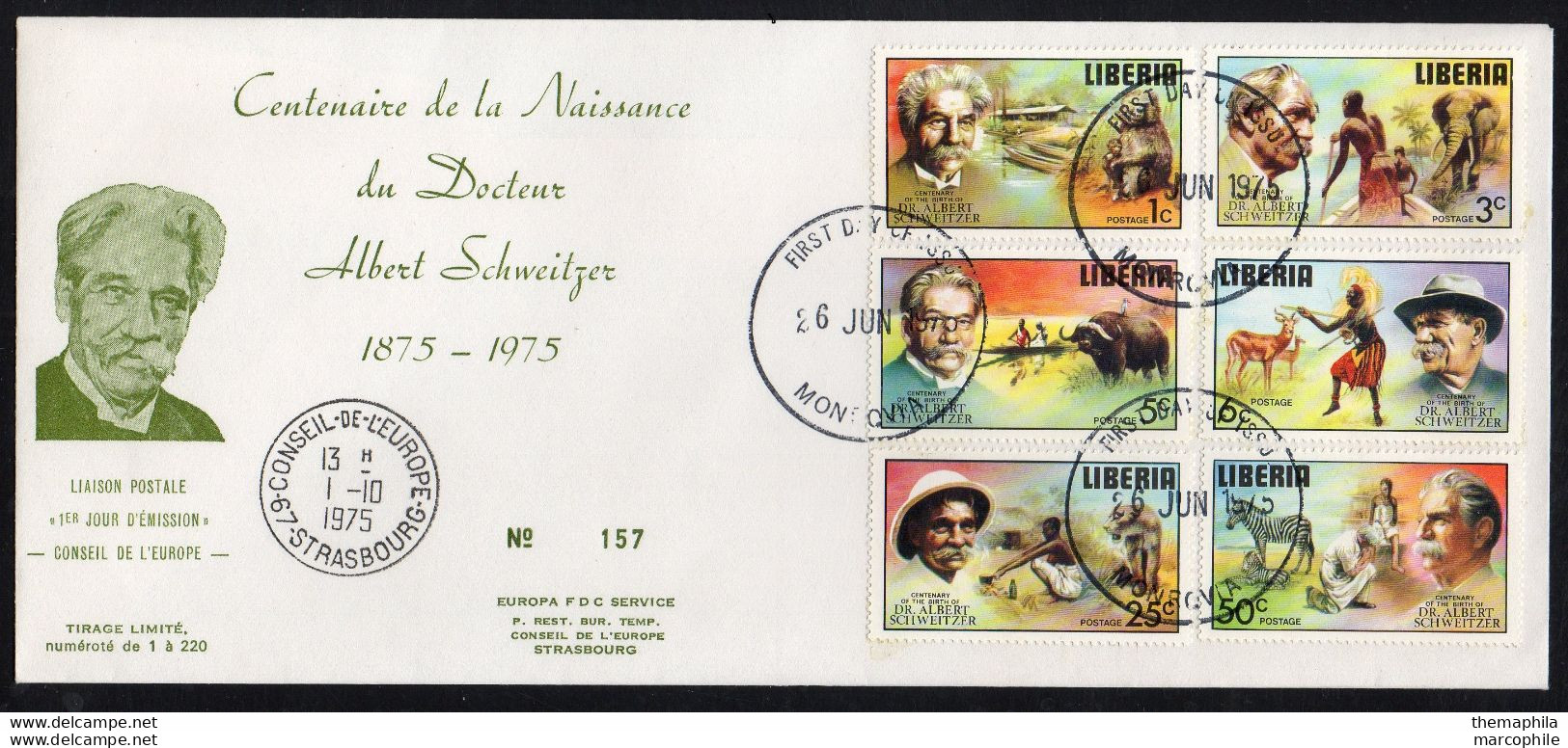 DOCTEUR ALBERT SCHWEITZER - NOBEL / 1975 LIBERIA SERIE SUR ENVELOPPE FDC NEMEROTEE (ref 2722aGF) - Albert Schweitzer