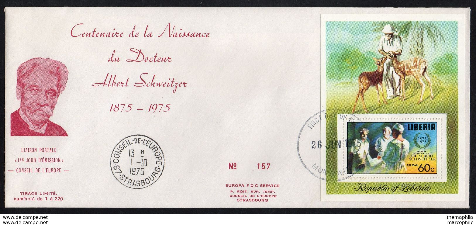 DOCTEUR ALBERT SCHWEITZER - NOBEL / 1975 LIBERIA BLOC SUR ENVELOPPE FDC NUMEROTEE (ref 2722bGF) - Albert Schweitzer