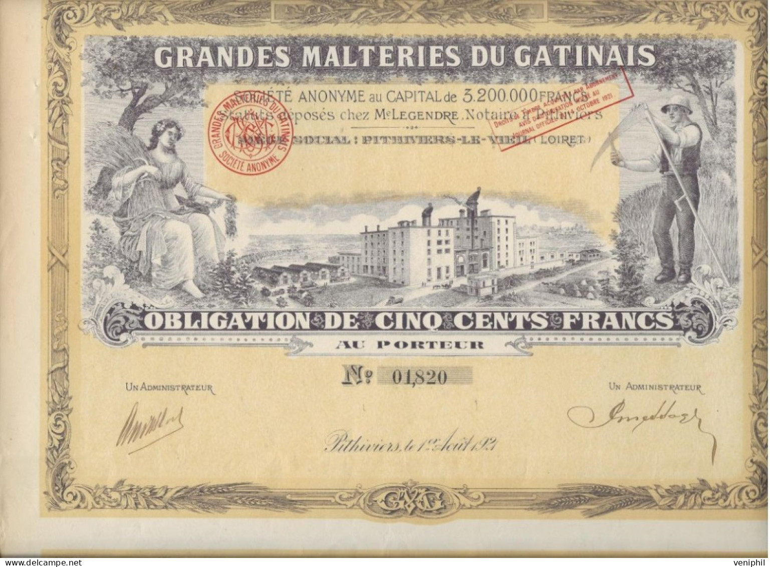 GRANDES MALTERIES DU GATINAIS- OBLIGATION  ILLUSTREE DE 500 FRS -ANNEE 1921 - Agricultura