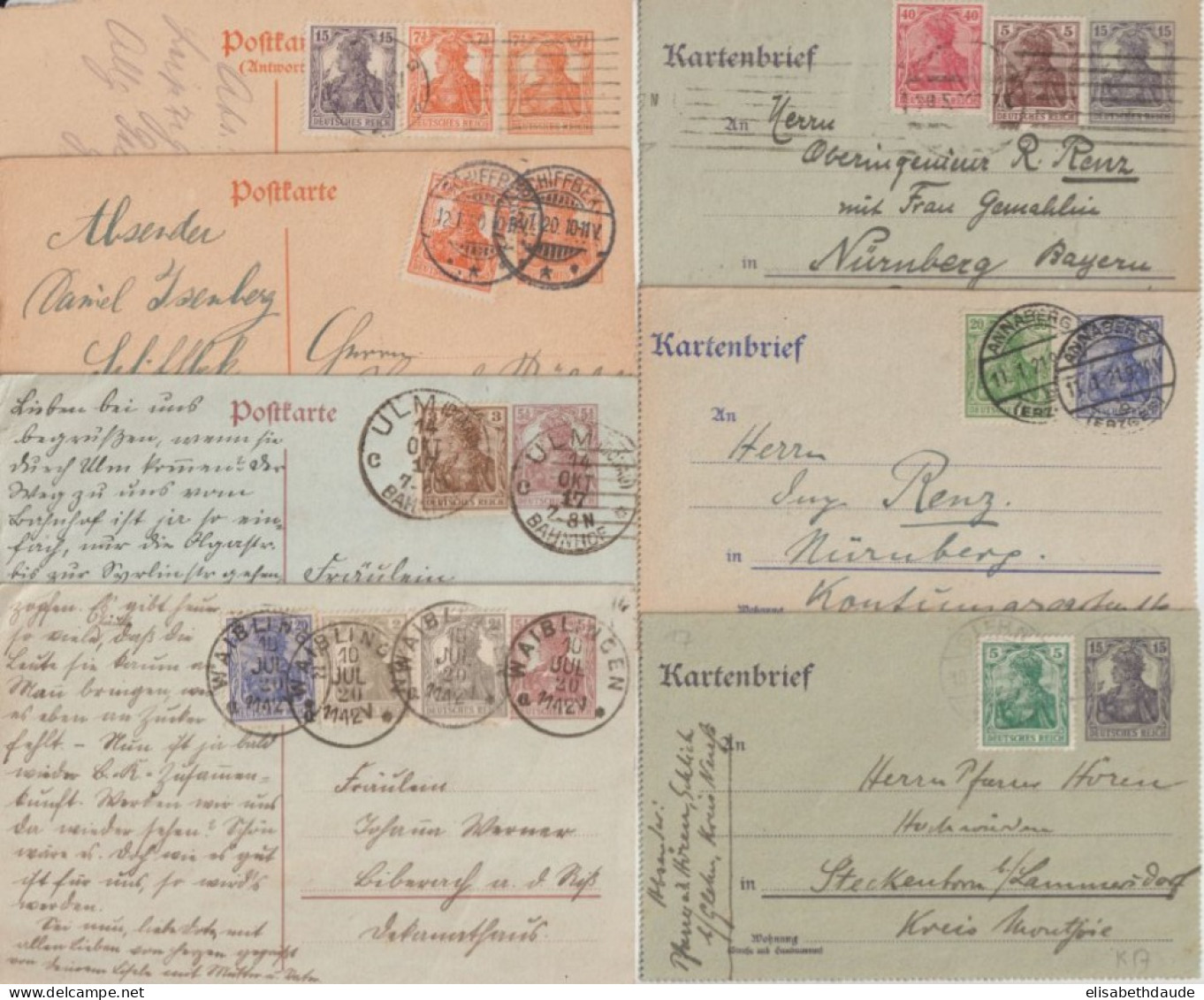 1919/22 - GERMANIA - 34 ENTIERS POSTAUX AFFRANCHISSEMENTS COMBINAISONS TOUTES DIFFERENTES ! - Tarjetas