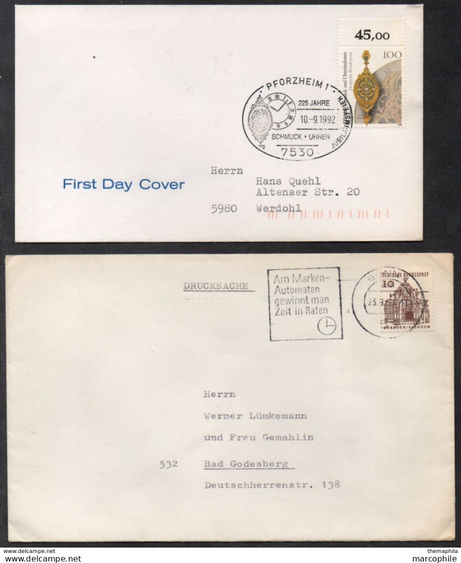 HORLOGERIE / 1967 & 1990 ALLEMAGNE - 2 OBLITERATIONS ILLUSTREES SUR LETTRE  (ref 2635) - Horlogerie