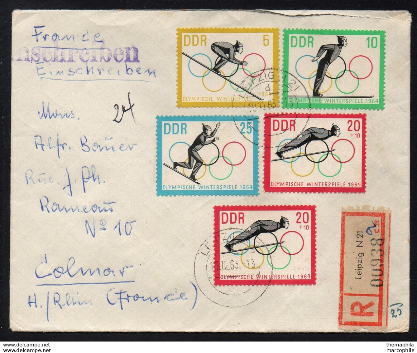 JEUX OLYMPIQUES D'HIVER INNSBRUCK  / 1963 RDA SERIE COMPLETE SUR LETTRE RECOMMANDEE POUR COLMAR (ref LE4032) - Inverno1964: Innsbruck