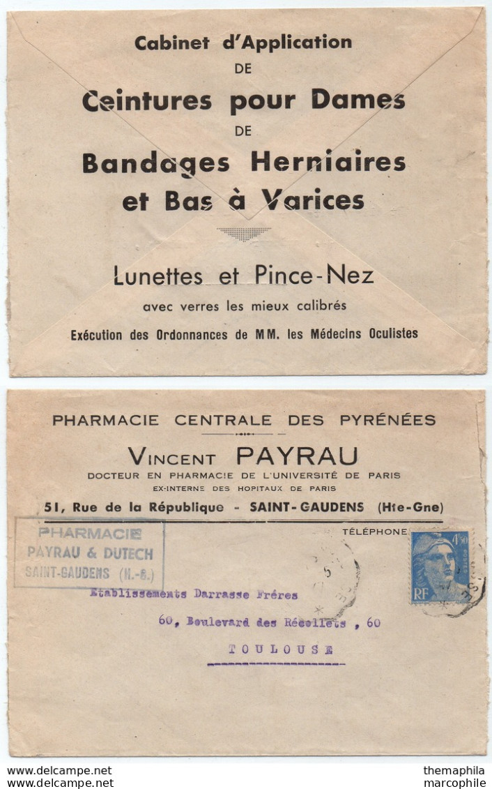 SANTE - PHARMACIE - OPHTALMOLOGIE - LUNETTES - SAINT GAUDENS / 1947 ENVELOPPE AVEC PUBLICITES (ref 7667) - Pharmacy