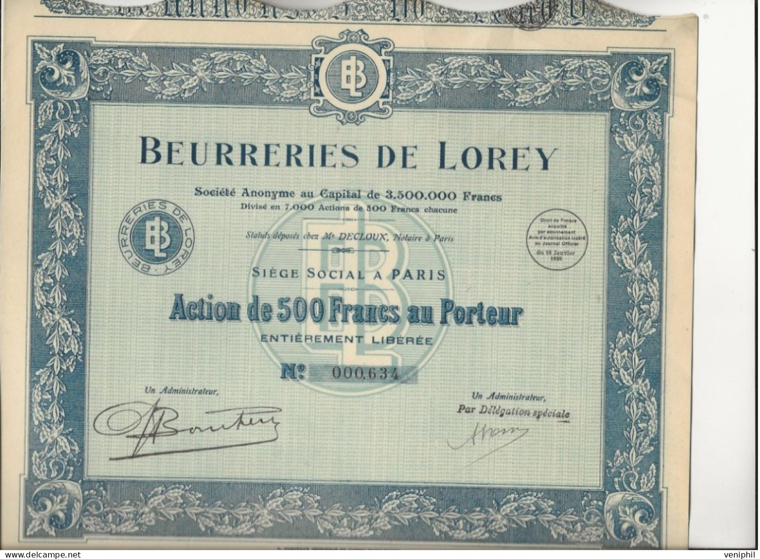 BEURRERIES DE LOREY  LOT DE 5- ACTION DE 500 FRS -ANNEE 1929 - Agriculture