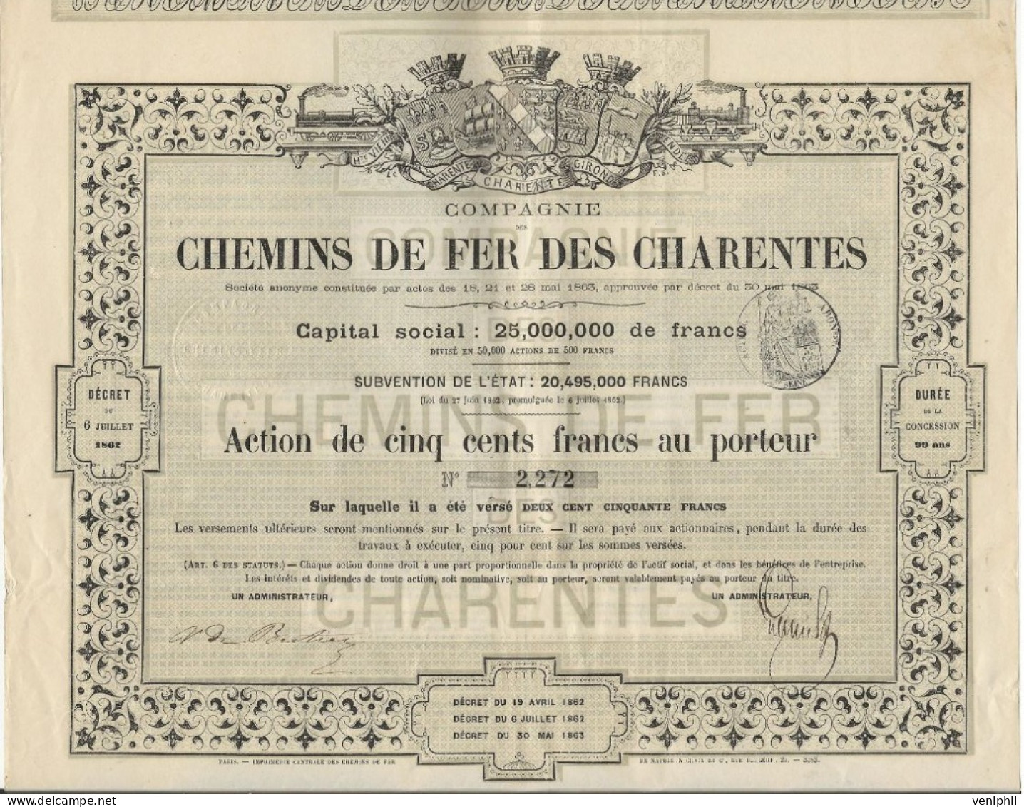 COMPAGNIE DES CHEMINS DE FER DES CHARENTES    ACTION DE CINQ CENT FRANCS - ANNEE 1862 - Ferrovie & Tranvie