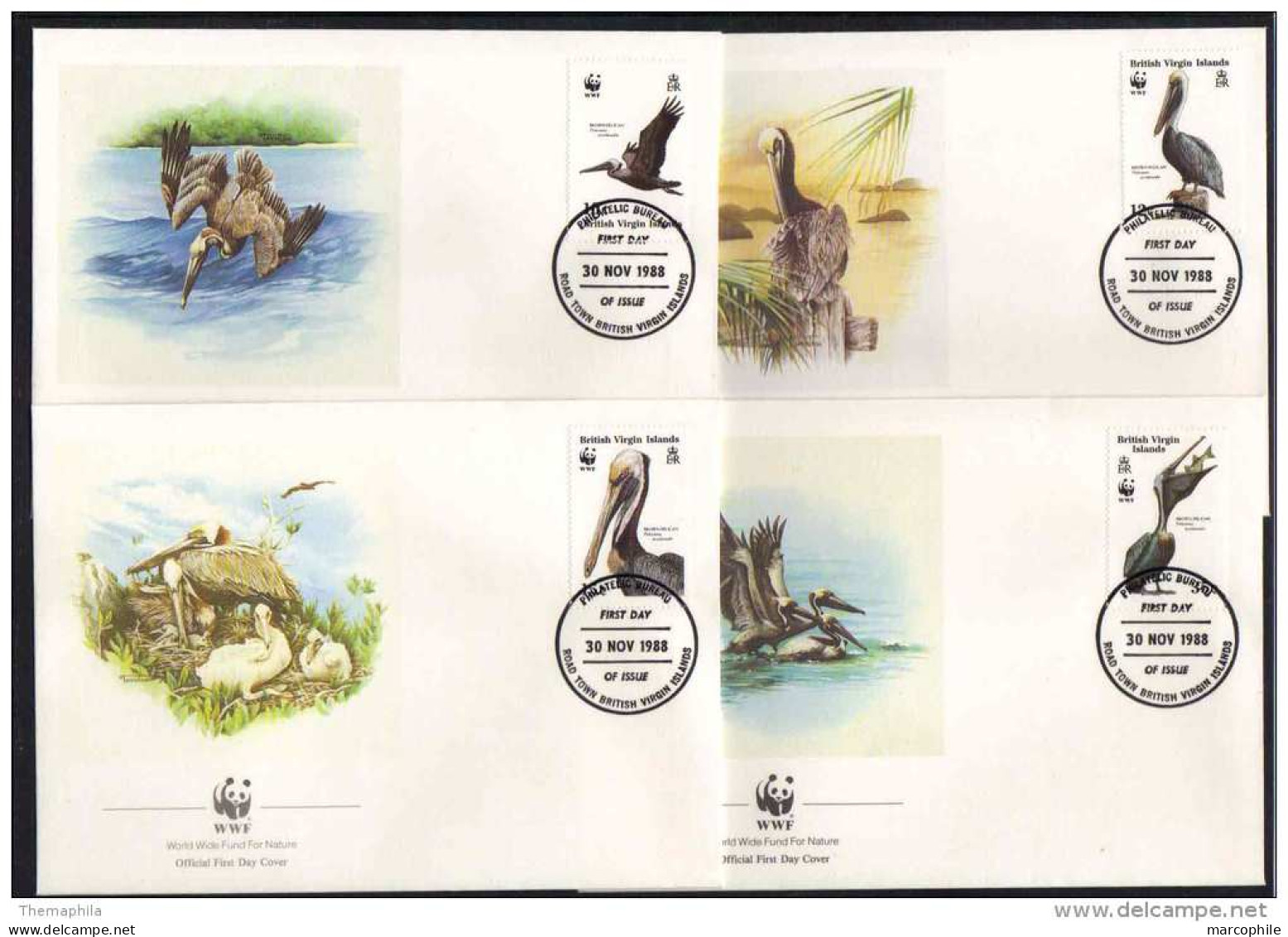 OISEAUX - PELICAN - PELIKAN - WWF / 1988 ILES VIERGES 4 ENVELOPPES FDC ILLUSTREES (ref CM112) - Pelikane