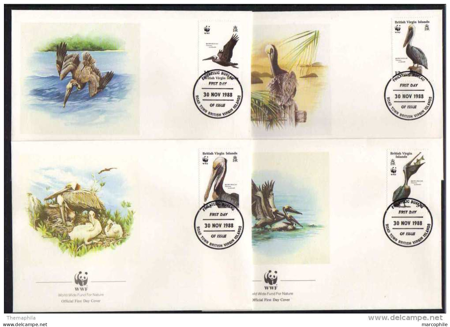 OISEAUX - PELICAN - PELIKAN - WWF / 1988 ILES VIERGES 4 ENVELOPPES FDC ILLUSTREES (ref CM112) - Pelikanen