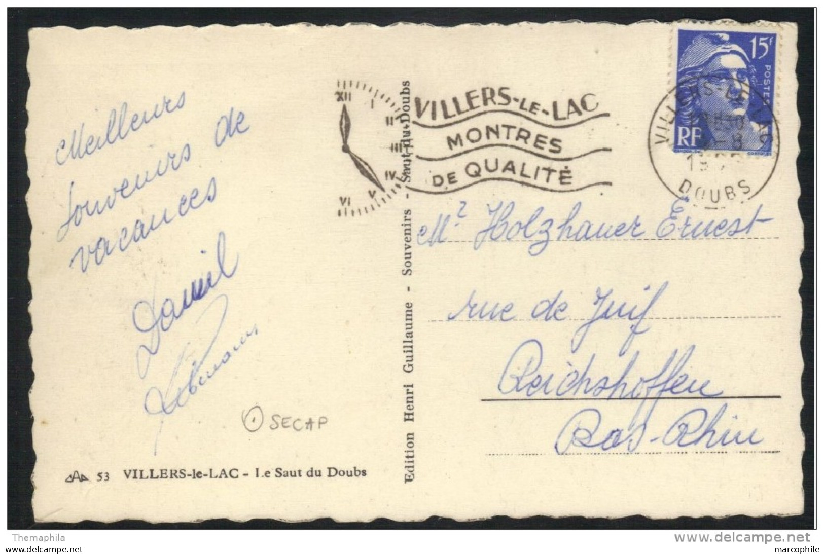 HORLOGERIE - VILLERS LE LAC - DOUBS / 1955 OBLITERATION SECAP ILLUSTREE SUR CARTE POSTALE (ref 398) - Clocks