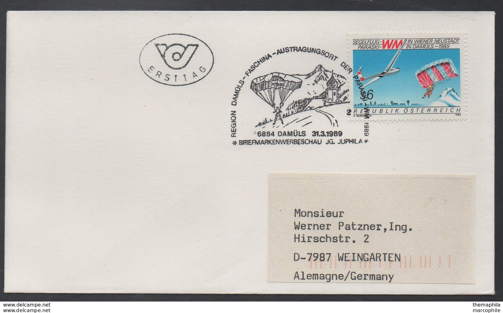 PARACHUTISME - PARACHUTE - PARASKI / 1989 AUTRICHE ENVELOPPE FDC & OB. ILLUSTREE (ref LE758) - Fallschirmspringen