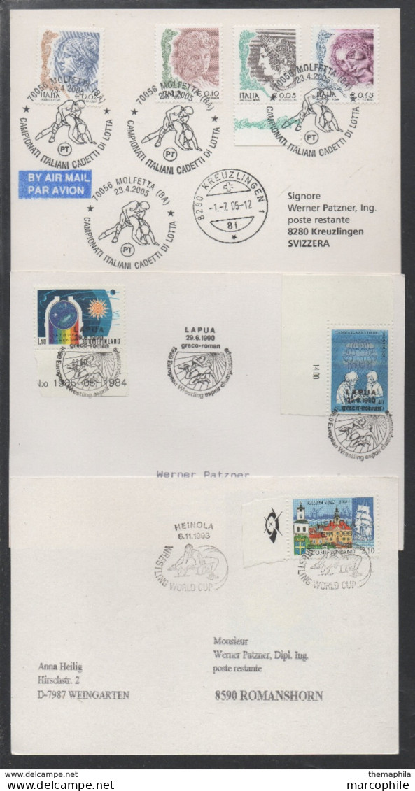 LUTTE - WRESTLING - RINGEN /1990-93 FINLANDE & 2005 ITALIE - 3 OBLITERATIONS ILLUSTREES SUR DOCUMENTS VOYAGES (ref 7234) - Ringen