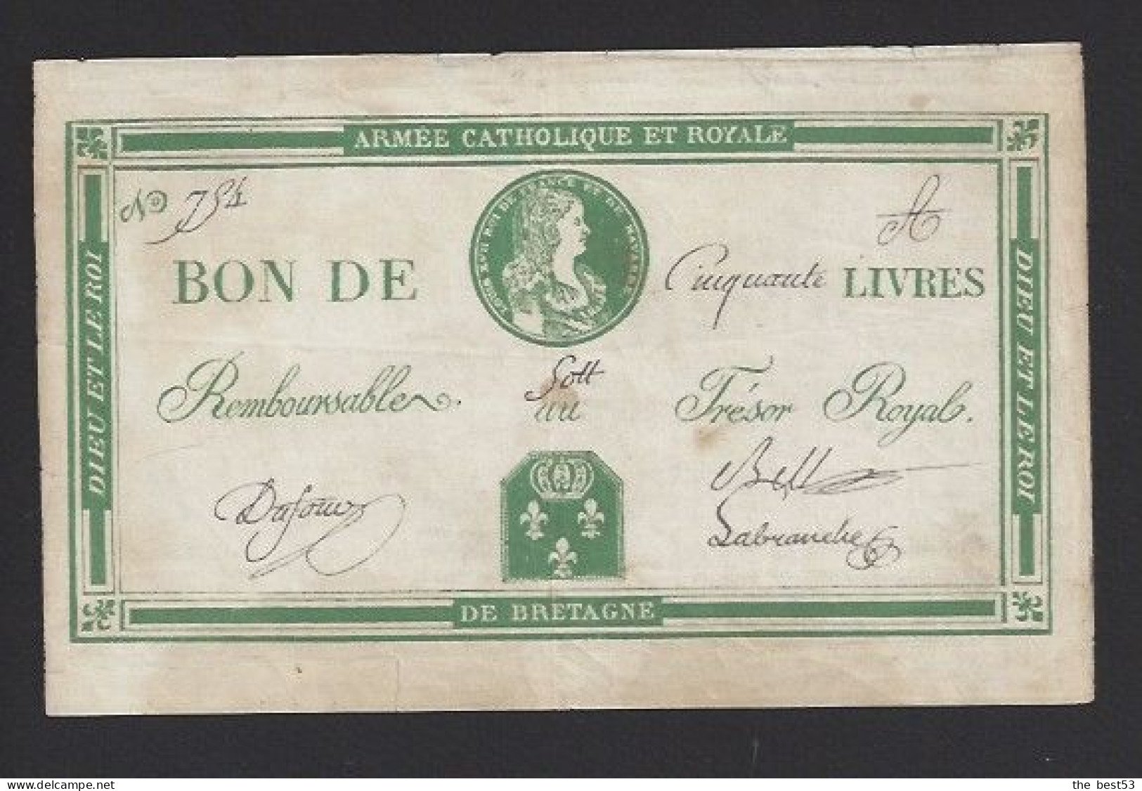 Bon De  Cinquante Livres   -  Armée Catholique Et Royale De Bretagne  -  Copie XIX éme - Assignats