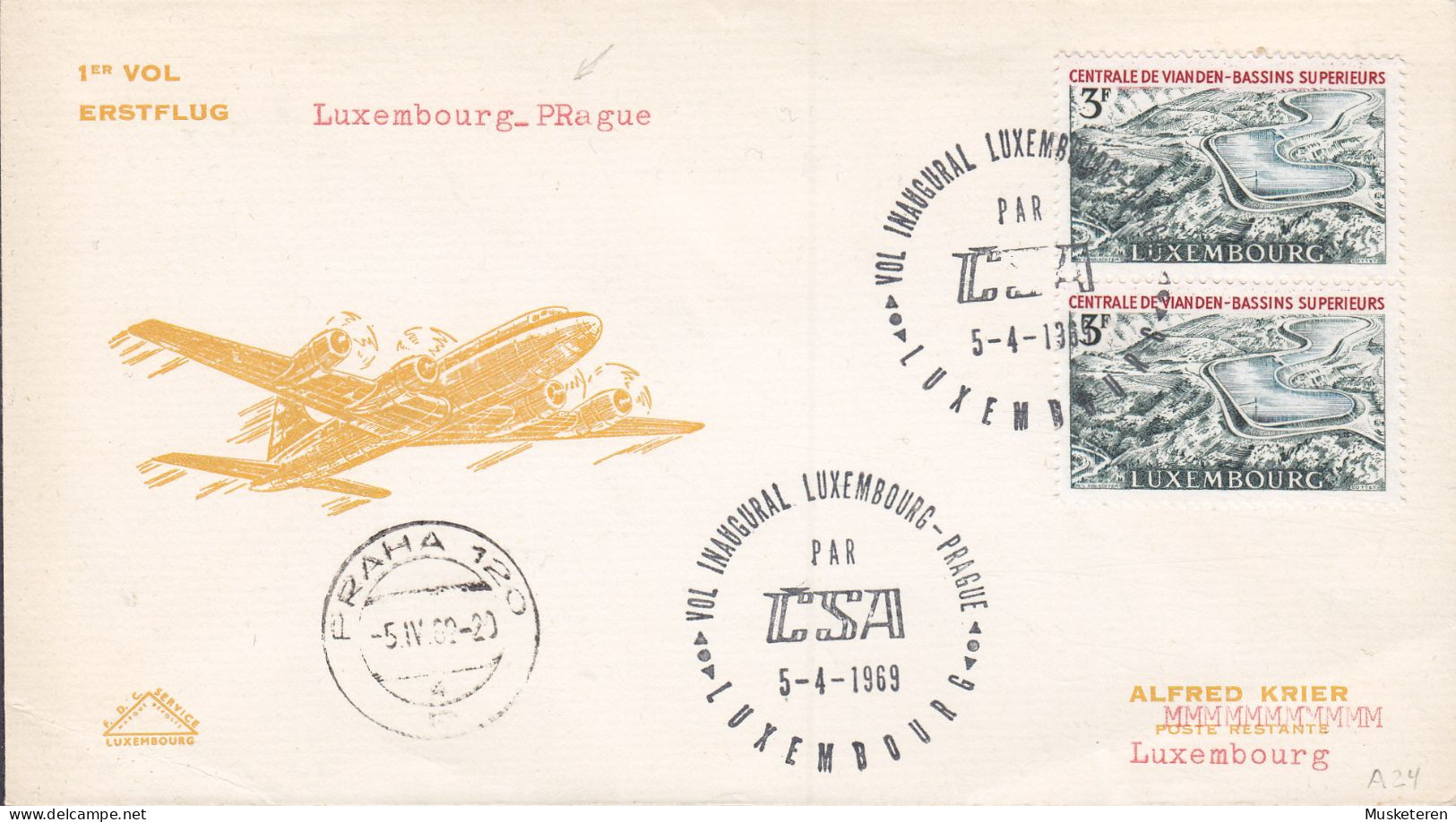 Luxembourg CSA First Flight Premier Vol LUXEMBOURG - PRAGUE, LUXEMBOURG 1969 Cover Brief Lettre - Lettres & Documents