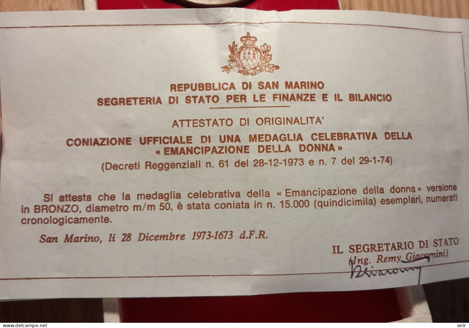 Medaglia San Marino Anticipazione Della Donna - Royal/Of Nobility