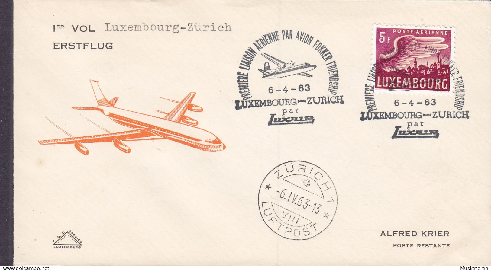 Luxembourg LUXAIR First Flight Premier Liason Aerienne FOKKER Friendship LUXEMBOURG - ZÜRICH LUXEMBOURG 1963 Cover Brief - Brieven En Documenten