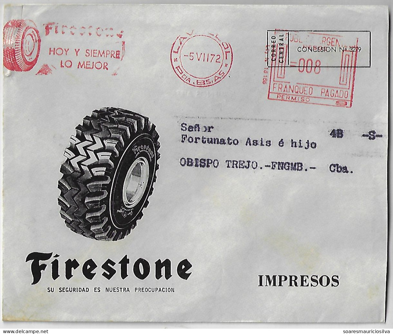 Argentina 1972 Cover Sent From Lavallol To Obispo Trejo Meter Stamp Pitney Bowes Automax Slogan Tire Firestone Rubber - Lettres & Documents