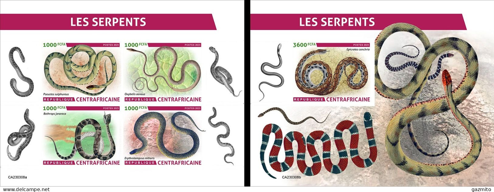 Centrafrica 2023, Animals, Snake, 4val In BF+BF IMPERFORATED - Serpents