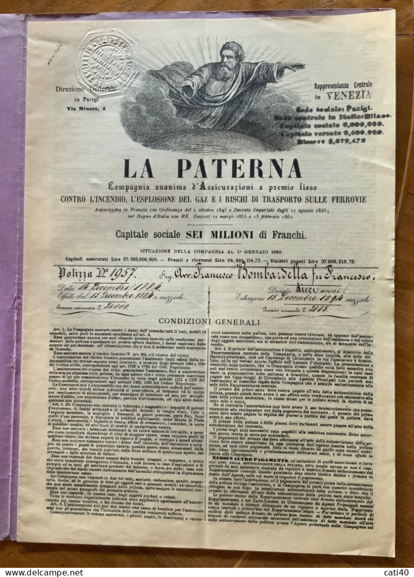 LA PATERNA - C0MPAGNIA ANONIMA DI ASSICURAZIONI - POLIZZA COMPLETA DEL 14 DICEMBRE 1884 - Historia, Filosofía Y Geografía