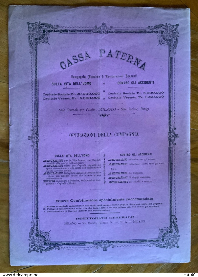 LA PATERNA - C0MPAGNIA ANONIMA DI ASSICURAZIONI - POLIZZA COMPLETA DEL 14 DICEMBRE 1884 - History, Philosophy & Geography