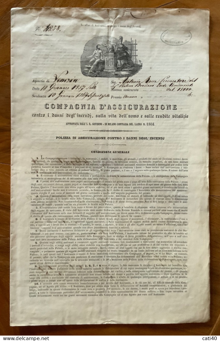 LOMBARDO VENETO - COMPAGNIA  D'ASSICURAZIONI CONTRO INCENDI ,SU VITA DELL'UOMO,E SU RENDITE VITALIZIE - VENEZIA 1/8/1856 - Storia, Filosofia E Geografia