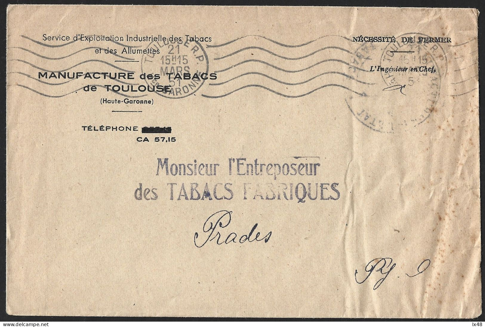 Toulouse Tobacco Factory', France 1951 Postage-exempt License Because Tobacco Factory Was Owned By French State.Cigarett - Usines & Industries