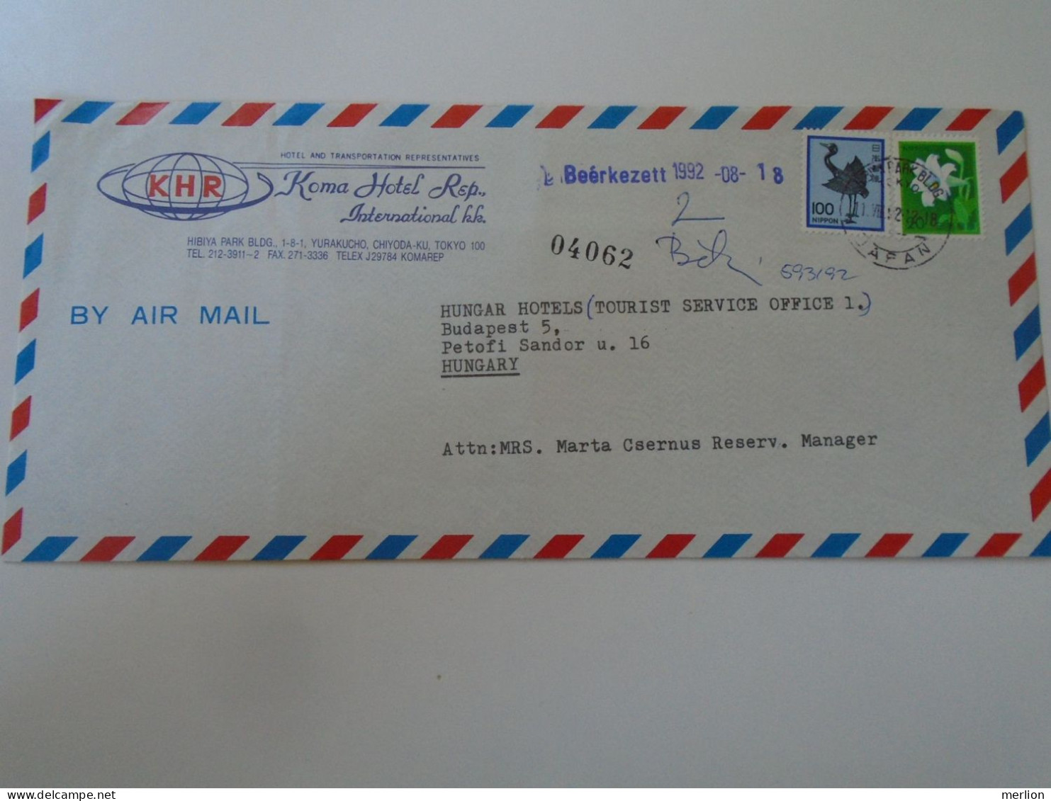 D198225 JAPAN Nippon Cover  Ca 1992 TOKYO - KOMA HOTEL REP.   Sent To Hungary - Briefe U. Dokumente