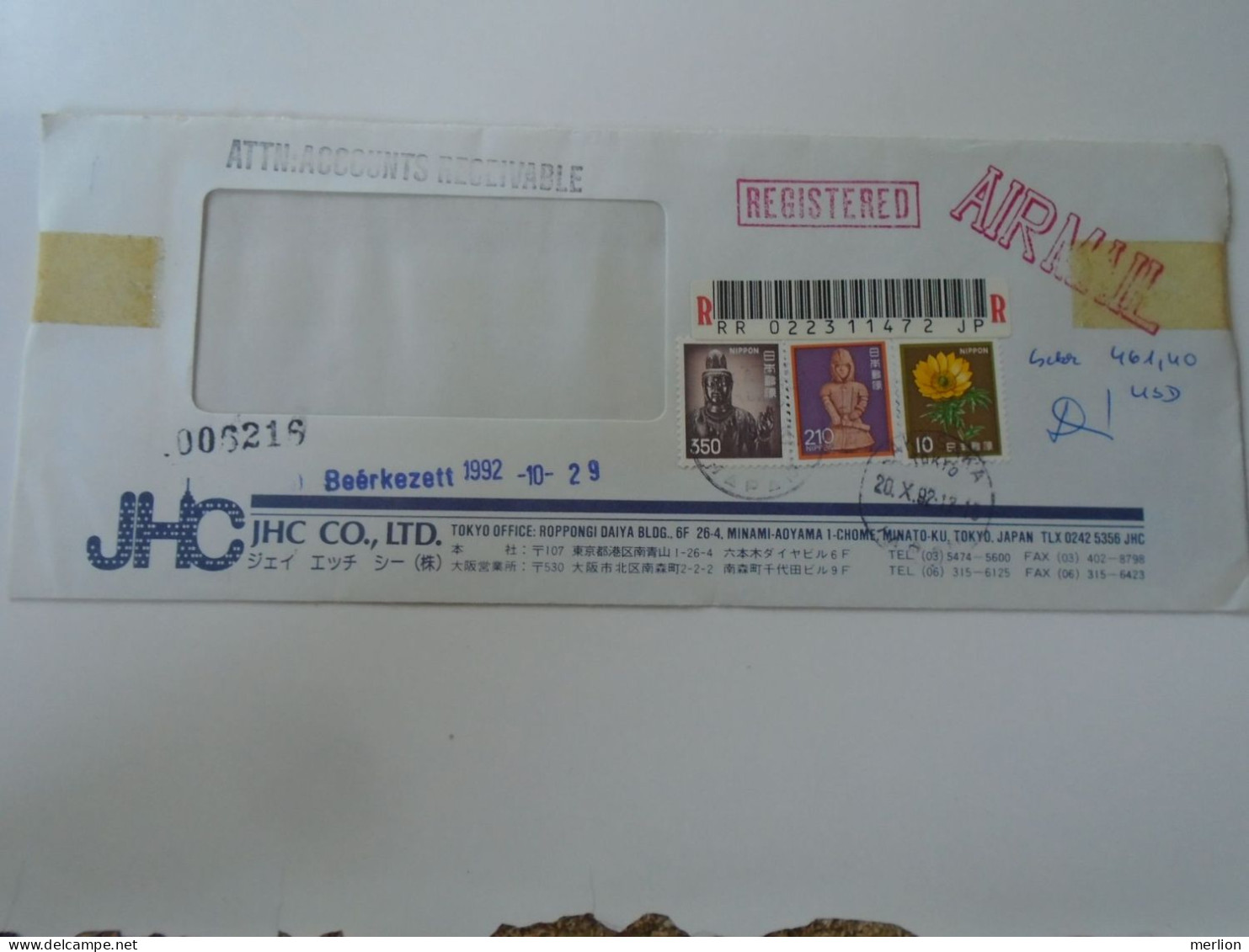 D198227 JAPAN Nippon Registered Cover   1992 TOKYO - Akasaka - JHC Co. Ltd    Sent To Hungary - Briefe U. Dokumente