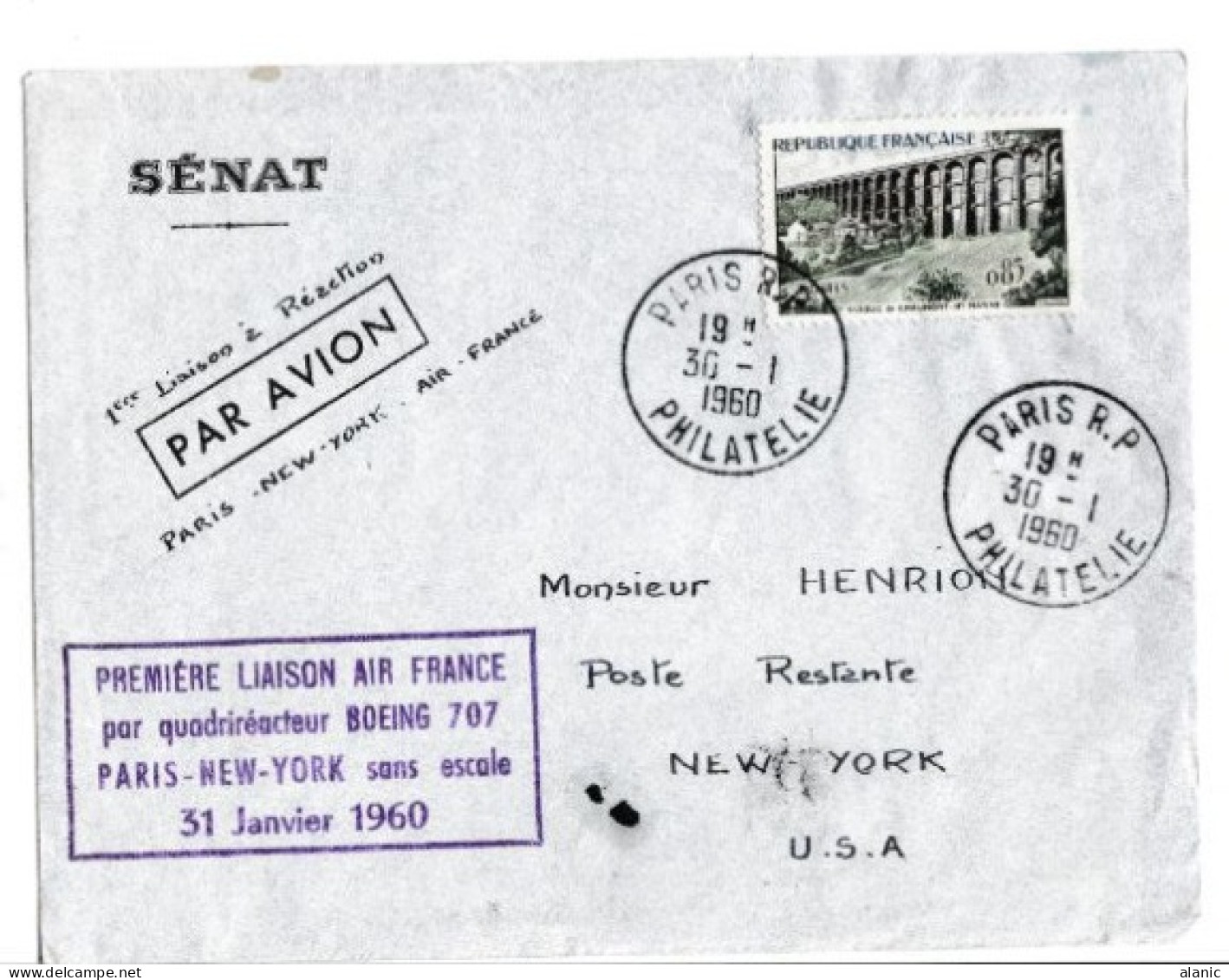 Première Liaison AIR FRANCE Par Boeing 707 PARIS - NEW YORK 31/1/1960 - Primeros Vuelos