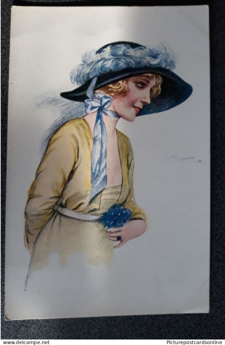 RIEUSE DE PARIS LADY IN BLUE HAT OLD COLOUR ART POSTCARD NO3 SERIES 35 ARTIST SIGNED SUZANNE. MEUNIER MARQUE L-E PARIS - Meunier, S.