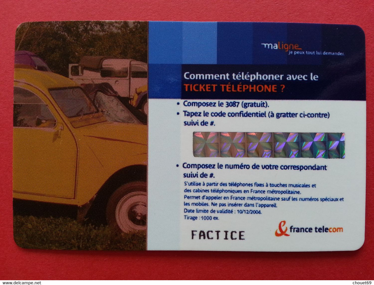 Ticket France Telecom Voiture Citroën 2CV Tintin Haddock 2004 - 1000ex - Factice Spécimen Non Retenu ? (CB0621 - Billetes FT