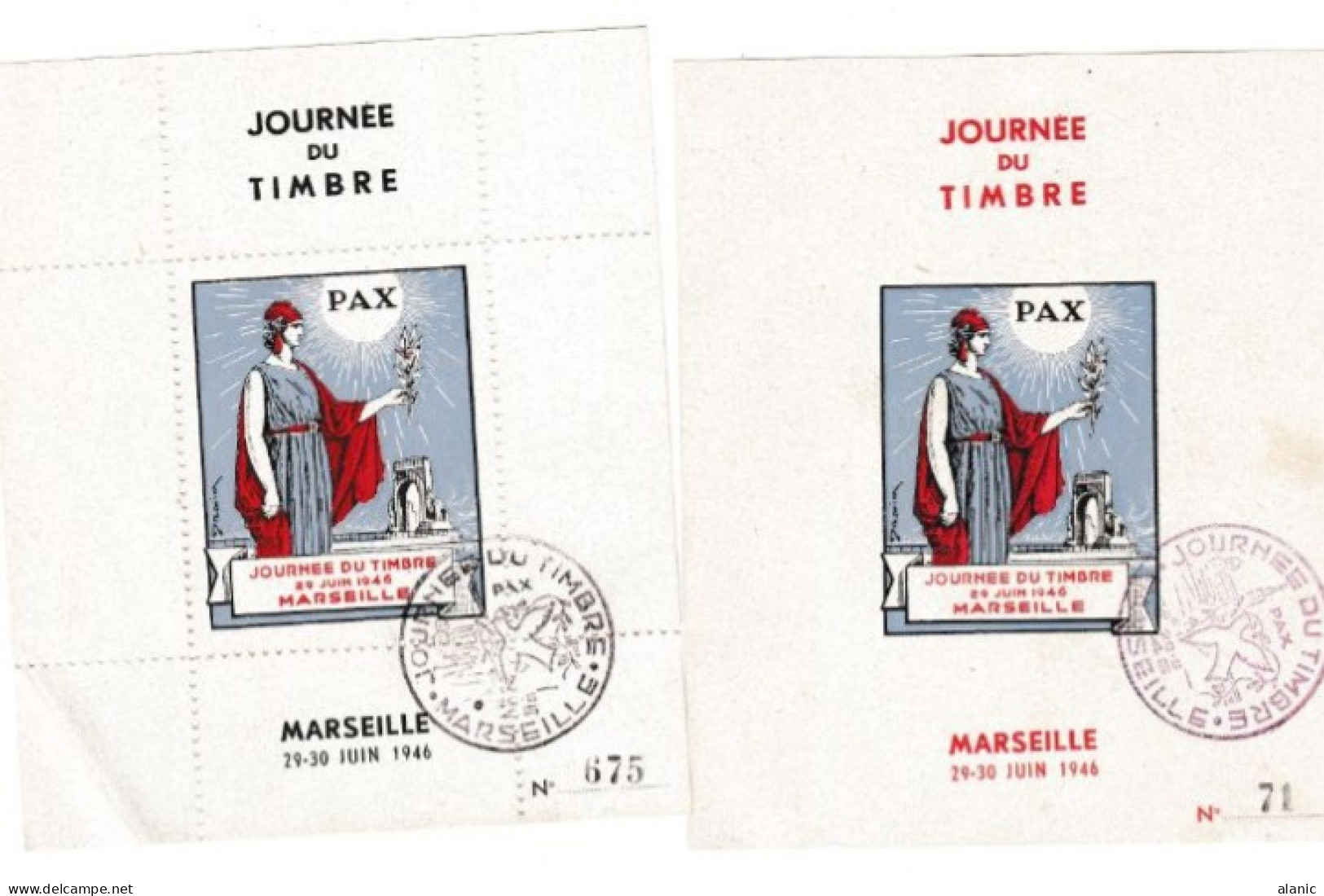 Ensemble Peu Commun:	Marseille - Bouches Du Rhône - Journée Du Timbre 1946+ 2 Etiquettes Erinophilie Numerotées - Temporary Postmarks