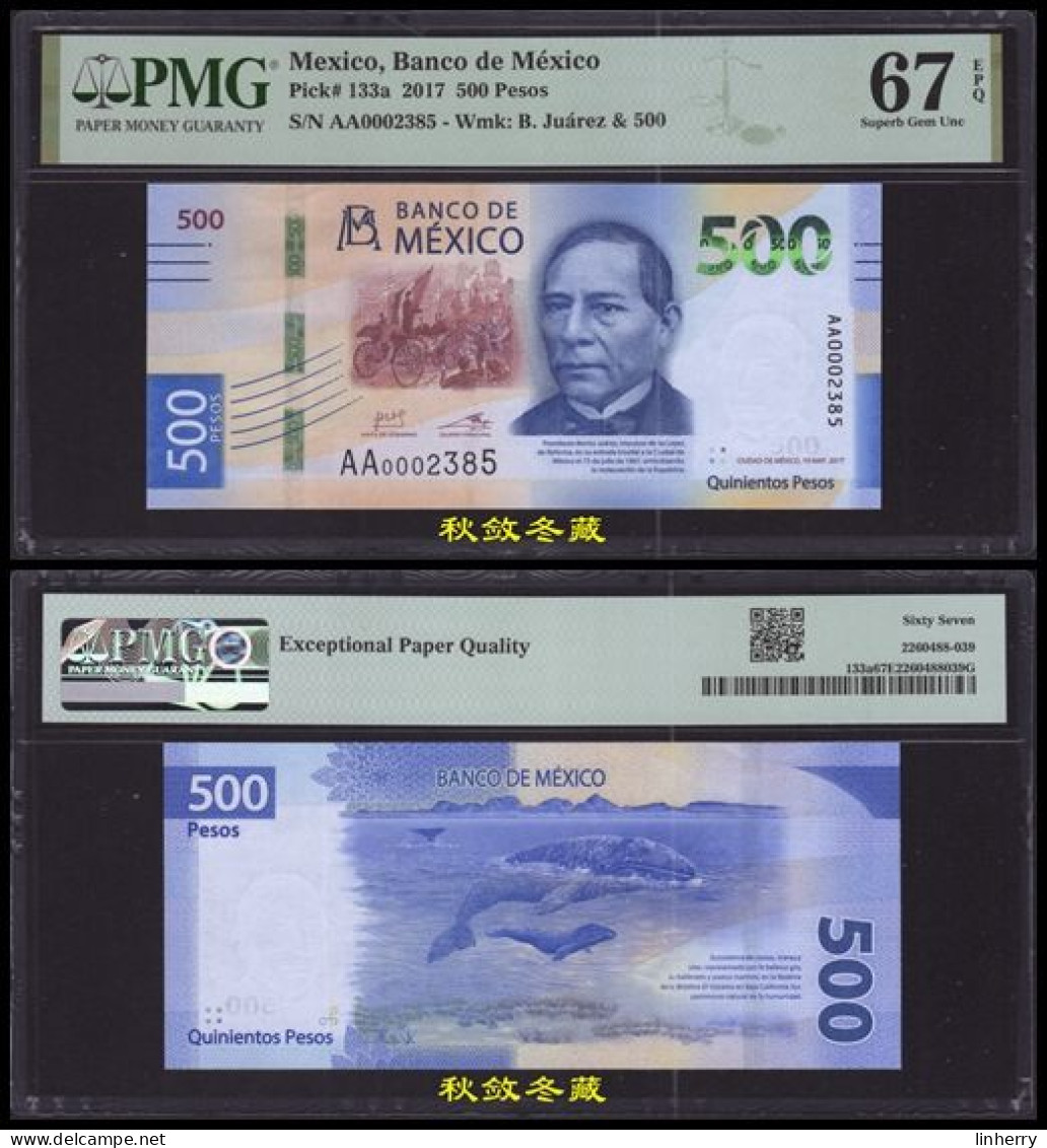 Mexico 500 Pesos (2017), Polymer, AA Prefix, Low Serial Number , PMG67 - Mexique