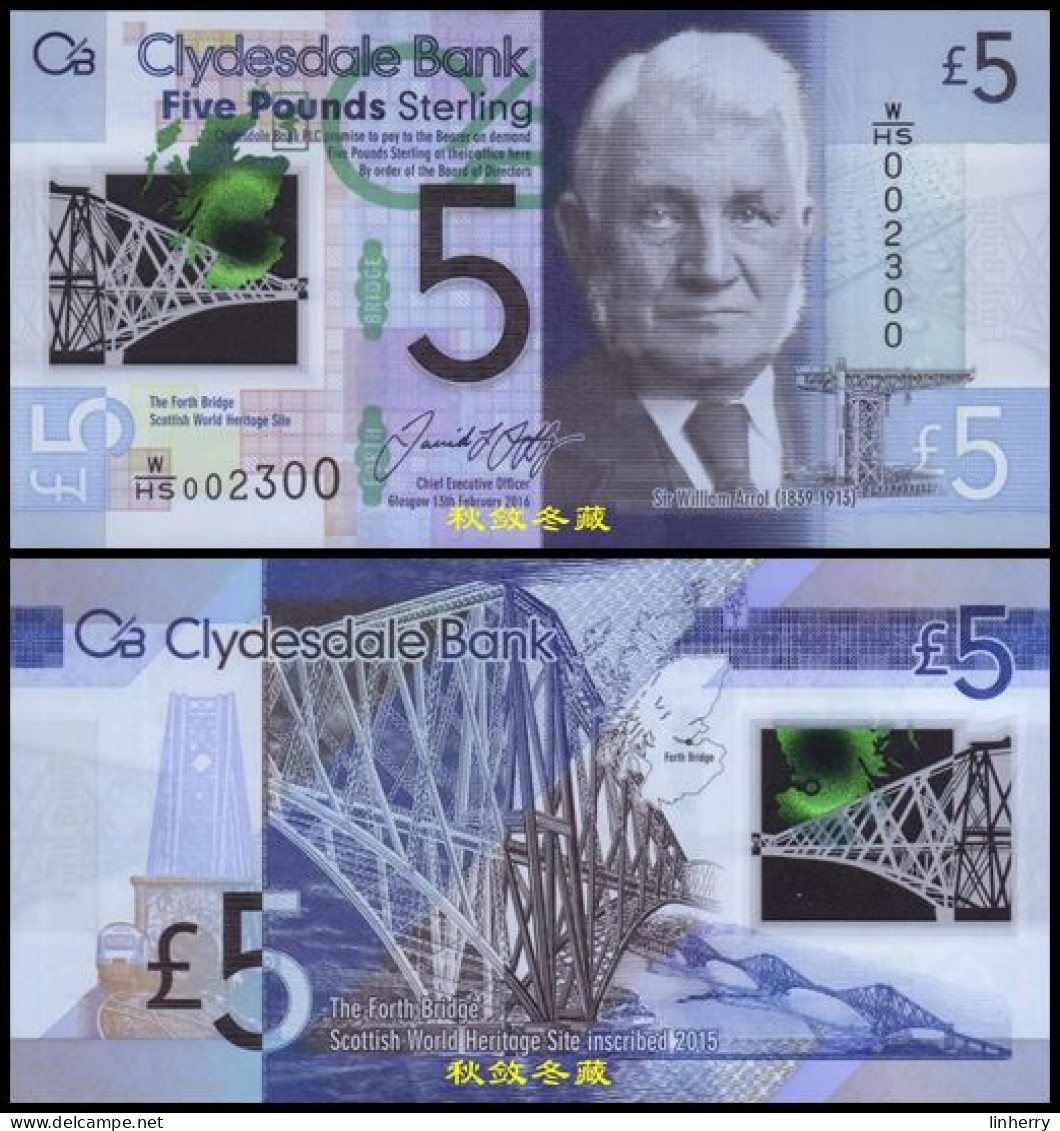 Scotland Clydesdale Bank £5, (2016) WHS Prefix, Polymer, UNC - 5 Pounds