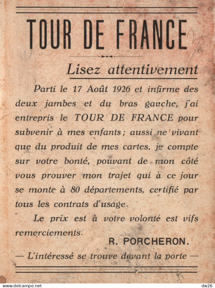Flyer De 1926 - Tour De France Par R. Porcheron, Infirme De Guerre, Pour Subvenir à Ses Enfants - Otros & Sin Clasificación