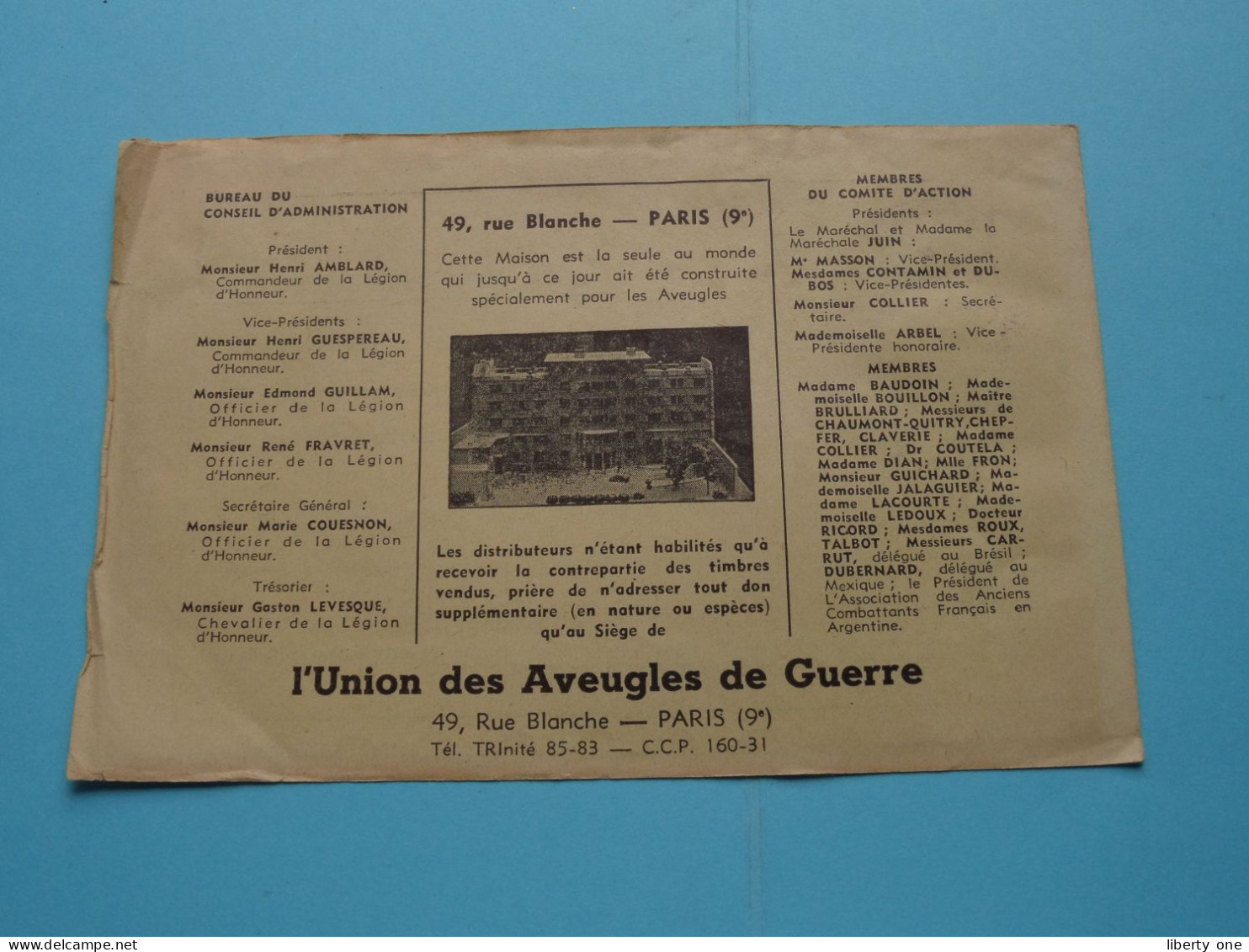 UNION DES AVEUGLES DE GUERRE Paris ( N° ...10554 ) Avec Timbre De 300 F - 1959 ( Details - Voir SCANS ) ! - Documenti