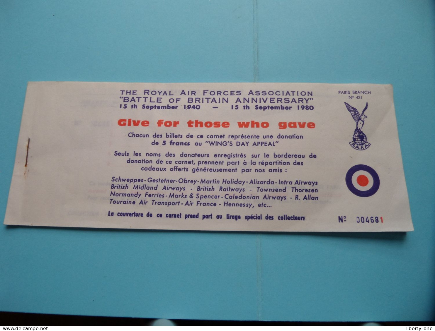 The ROYAL AIR FORCE Association " BATTLE Of BRITAIN Anniversary 1940/1980 ( Voir SCANS ) Paris Branch ! - Dokumente