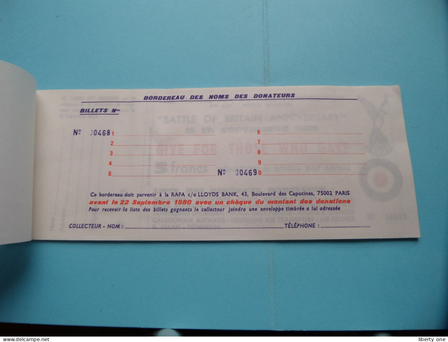 The ROYAL AIR FORCE Association " BATTLE Of BRITAIN Anniversary 1940/1980 ( Voir SCANS ) Paris Branch ! - Documenten