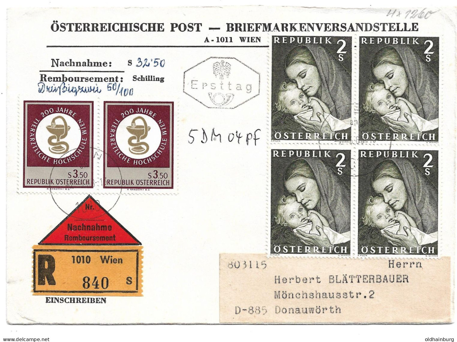 0098o: Österreich 1968, ANK 1290, Die Muttertags- Marke Im Viererblock- Nachnahme- FDC - Fête Des Mères