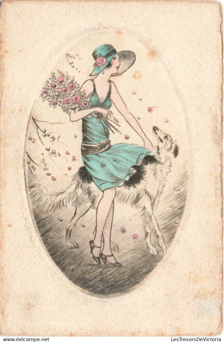 ILLUSTRATION NON SIGNE - Une Femme En Robe Bleue Avec Son Chien - Carte Postale Ancienne - Avant 1900