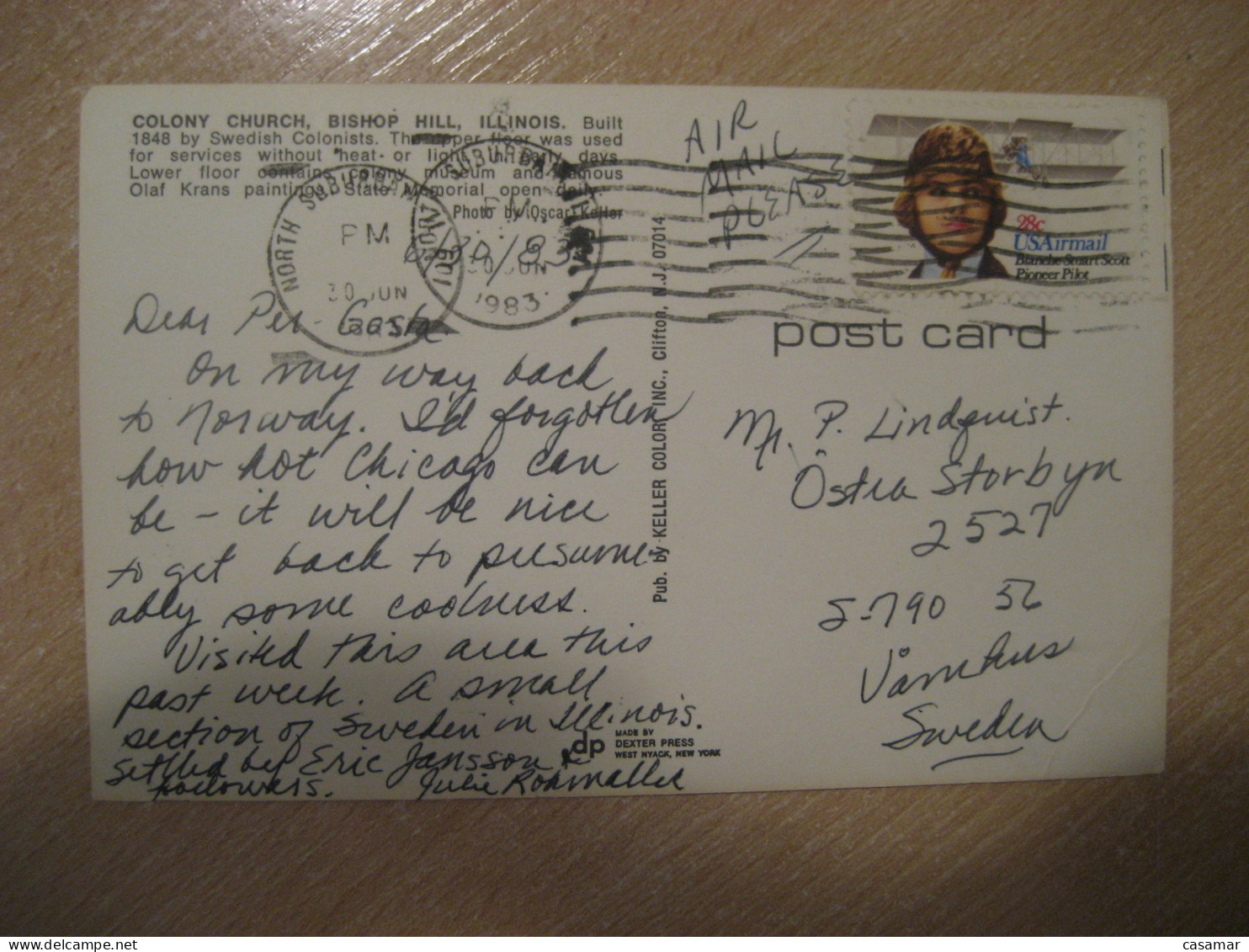 BISHOP HILL Illinois Colony Church Cancel NORTH SUBURBAN 1983 To Sweden Postcard USA - Andere & Zonder Classificatie