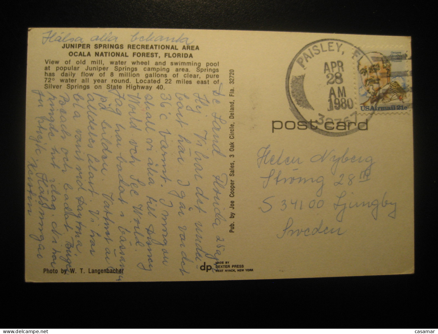 JUNIPER SPRINGS Recreational Area Ocala National Forest Florida Cancel PAISLEY 1980 To Sweden Postcard USA - Ocala