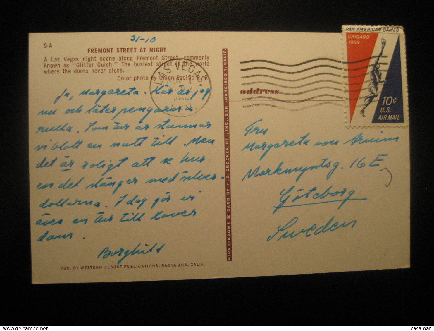 LAS VEGAS Nevada Fremont Street At Night Glitter Gulch Cancel 1959 To Sweden Postcard USA - Las Vegas