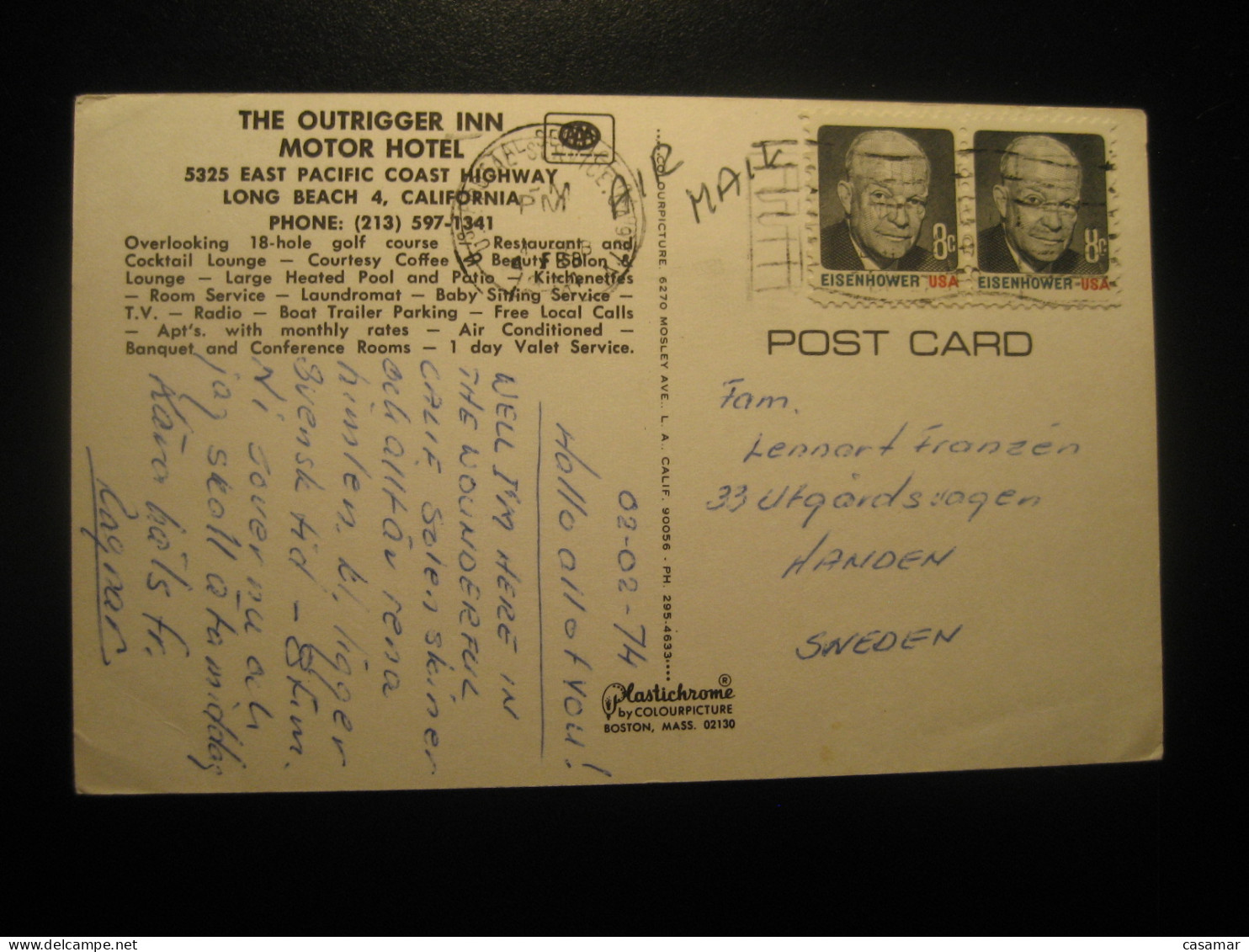 LONG BEACH California The Outrigger Inn Motor Hotel Cancel 1974 To Sweden Postcard USA - Long Beach
