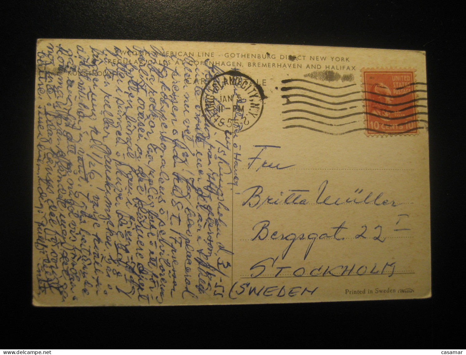 LONG ISLAND New York MV KUNGSHOLM Cancel 1955 To Sweden Swedish American Line Postcard USA - Long Island