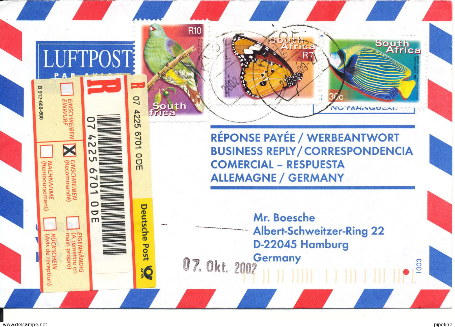 South Africa Registered Air Mail Cover Sent To Germany 27-9-2002 Topic Stamps BIRD, BUTTERFLY And FISH - Luchtpost