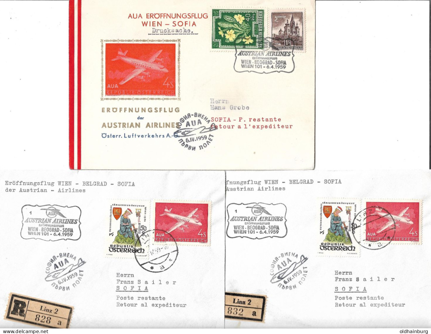 0097r:  5 Aua- Erstflug- Belege Wien- Belgrad- Sofia 1959, Alle Mit Österreich- Frankatur - Covers & Documents