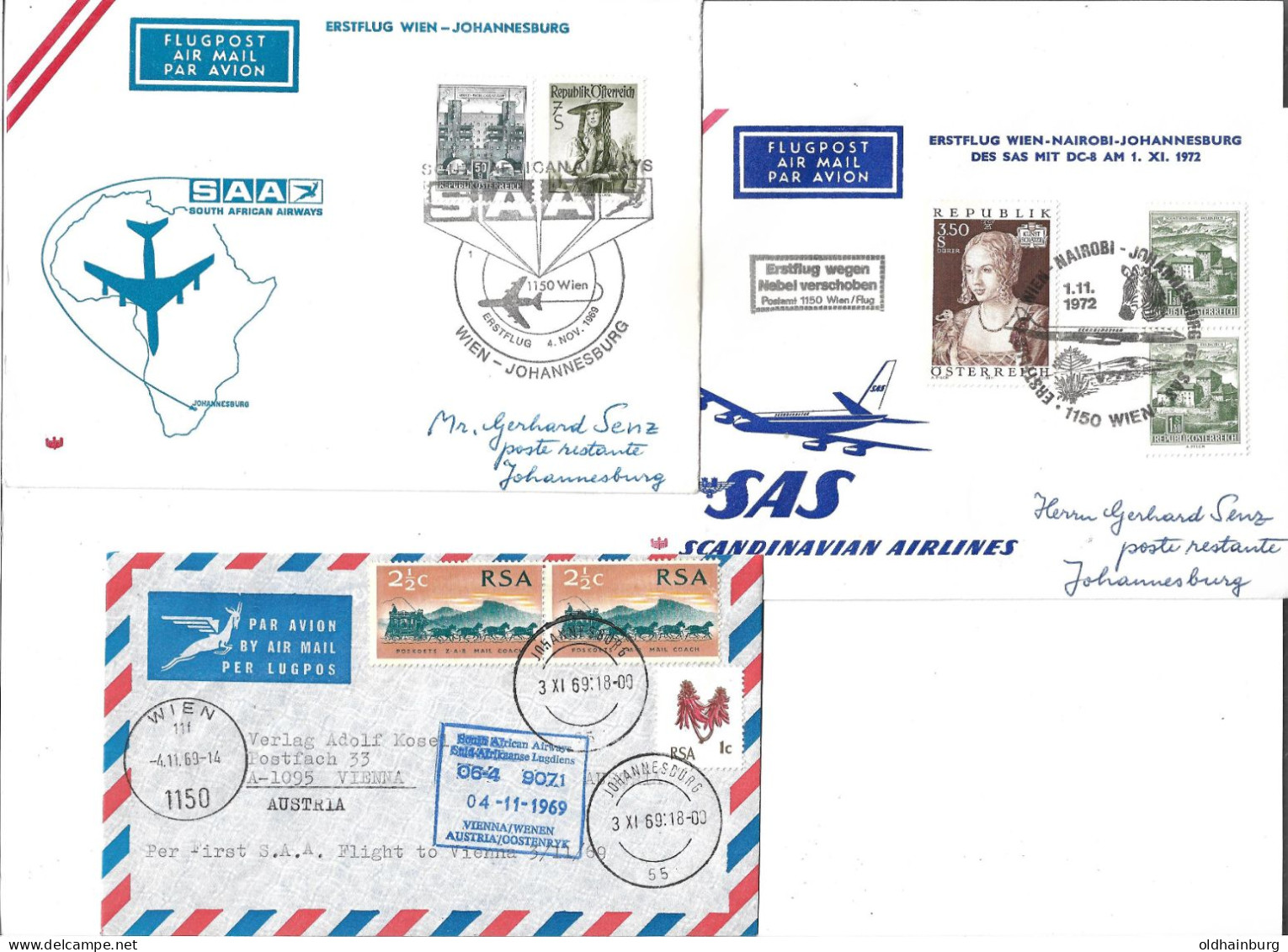 0097o:  SAS- Erstflug Mit DC-9 Wien- Nairobi- Johannesburg 1969/ 1972- 3 Gute Belege - Cartas & Documentos