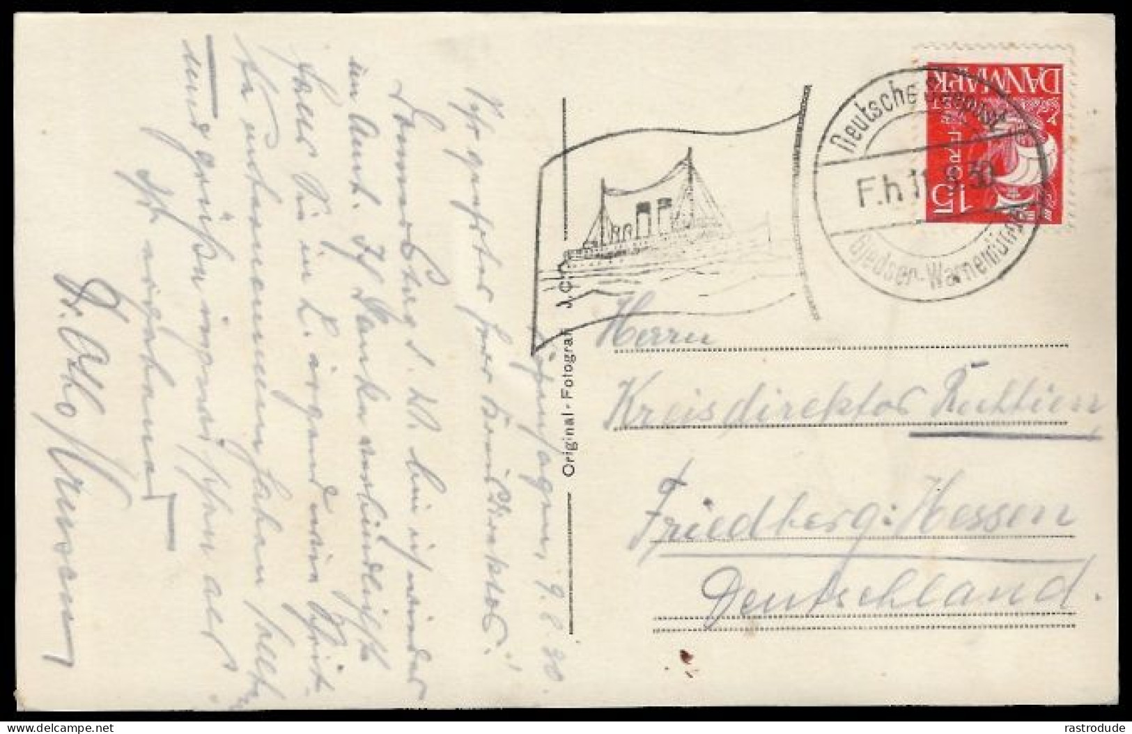 1929 DENMARK SHIPMAIL DEUTSCHE SEEPOST GJEDSER - WARNEMÜNDE PHOTOCARD To GERMANY - Covers & Documents