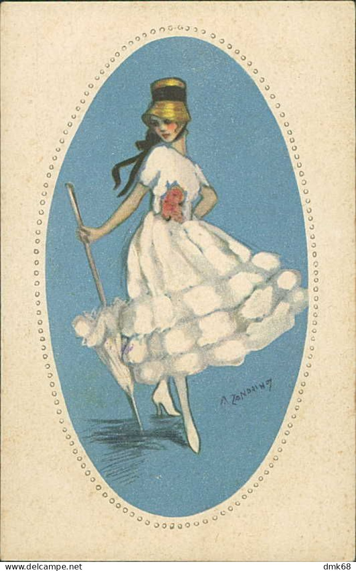 ZANDRINO SIGNED 1910s POSTCARD - WOMAN WITH WHITE DRESS AND FLOWERS - N.22/2  (4738) - Zandrino