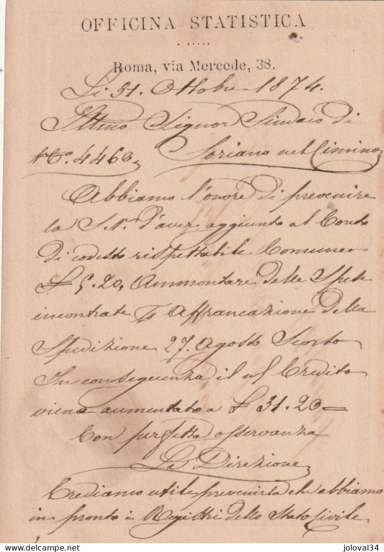 Italie Entier Postal Repiqué Verso Officina Statistica - Privata - ROMA Succursale 1 1/11/1874 à Soriano Nel Cimino - - Stamped Stationery