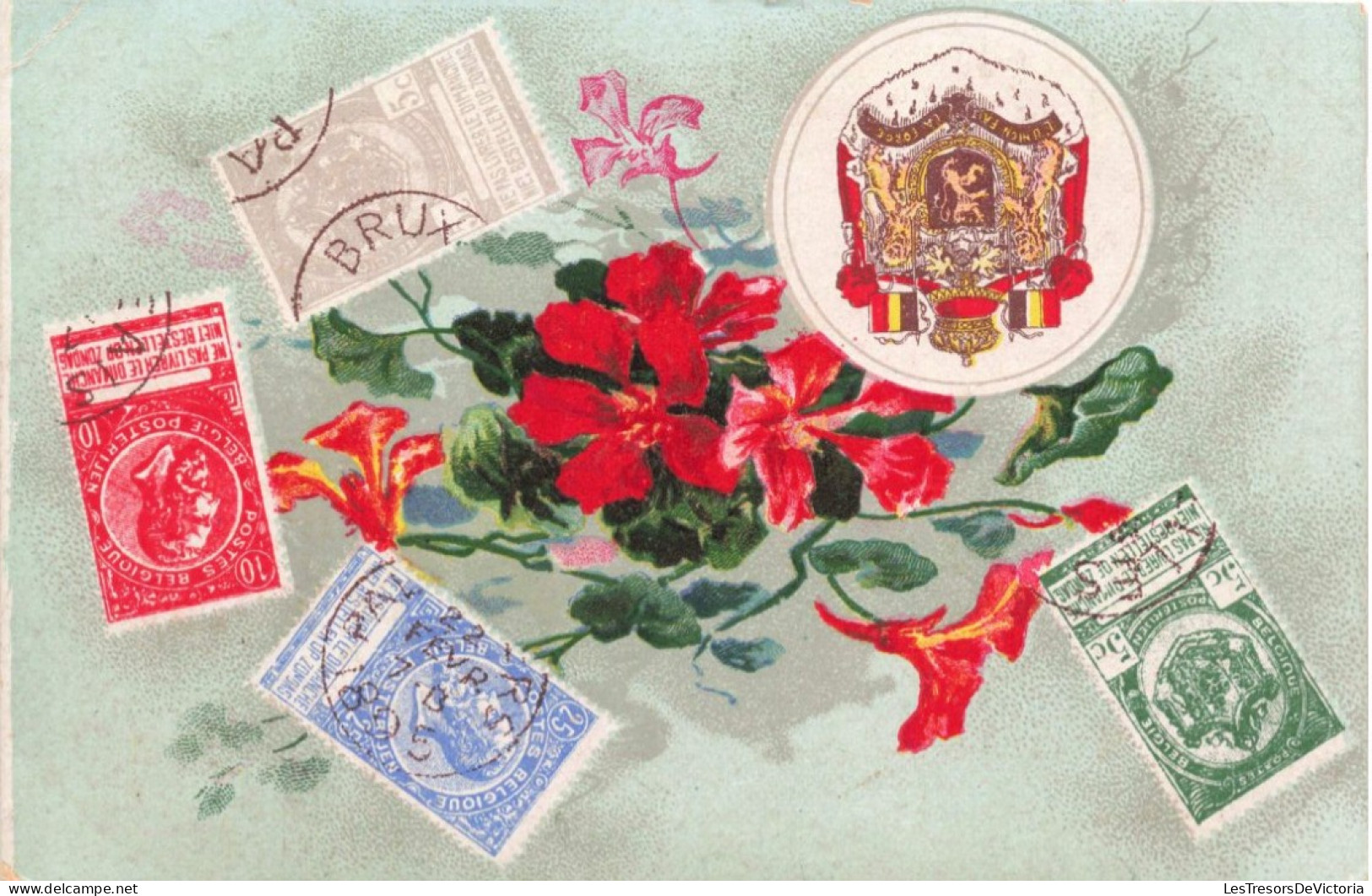 TIMBRES - Carte Avec Plusieurs Timbres Dessus - Fleurs - Carte Postale Ancienne - Timbres (représentations)